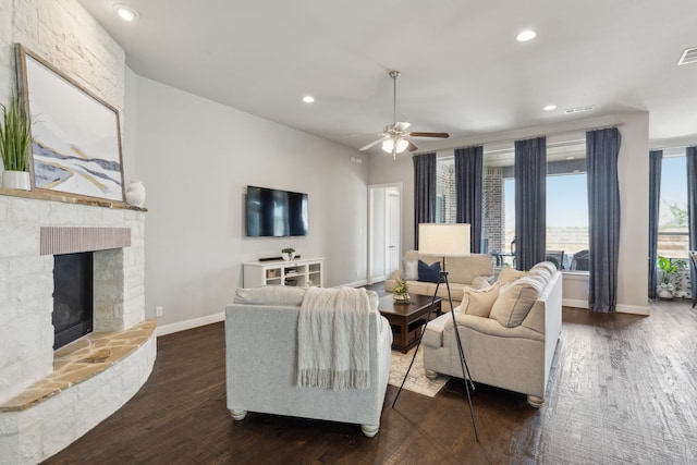 4600 Autumn Sage Dr, Prosper, TX 75078 - living area with dark wood-style flooring, ceiling fan, baseboards, recessed lighting, and a fireplace