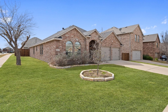 3968 Hunter Peak Rd, Fort Worth, TX 76262 - view of front of house featuring brick siding, concrete driveway, a front yard, and a shingled roof