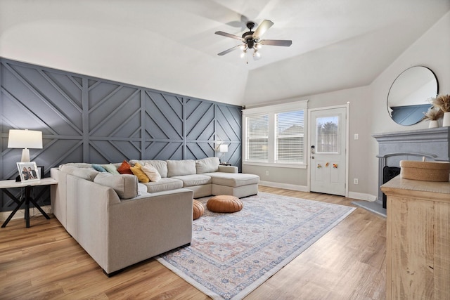 3968 Hunter Peak Rd, Fort Worth, TX 76262 - living area featuring light wood-style floors, ceiling fan, and lofted ceiling