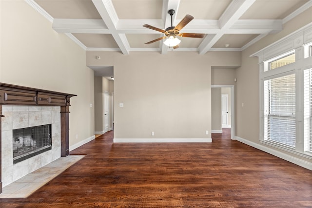 612 Buelwood Ct, Desoto, TX 75115 - unfurnished living room featuring coffered ceiling, ceiling fan, a fireplace, beamed ceiling, and wood finished floors