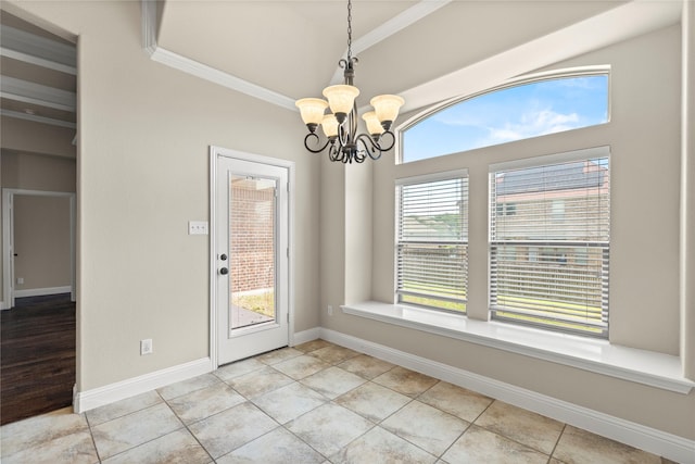 612 Buelwood Ct, Desoto, TX 75115 - unfurnished dining area with a chandelier, ornamental molding, baseboards, and light tile patterned floors