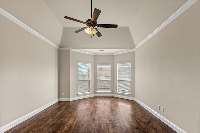 612 Buelwood Ct, Desoto, TX 75115 - empty room featuring ceiling fan, dark wood-style floors, baseboards, and high vaulted ceiling