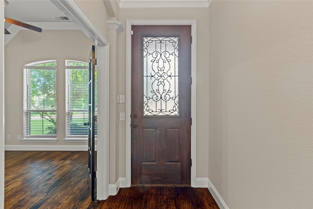 612 Buelwood Ct, Desoto, TX 75115 - entrance foyer with dark wood-type flooring, baseboards, plenty of natural light, beamed ceiling, and ornamental molding