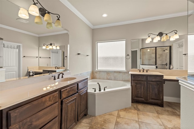 612 Buelwood Ct, Desoto, TX 75115 - bathroom with a garden tub, two vanities, ornamental molding, and a walk in shower