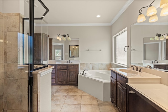 612 Buelwood Ct, Desoto, TX 75115 - bathroom featuring a bath, a stall shower, crown molding, two vanities, and tile patterned floors