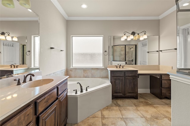 612 Buelwood Ct, Desoto, TX 75115 - full bathroom with a garden tub, two vanities, a shower stall, and crown molding