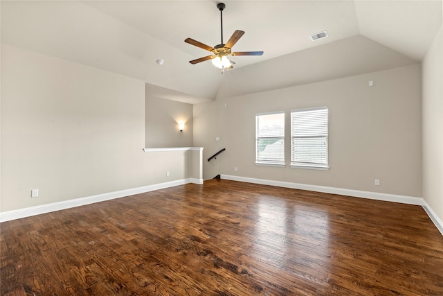 612 Buelwood Ct, Desoto, TX 75115 - spare room with lofted ceiling, ceiling fan, and dark wood-type flooring