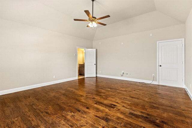 612 Buelwood Ct, Desoto, TX 75115 - empty room with high vaulted ceiling, a ceiling fan, and dark wood finished floors