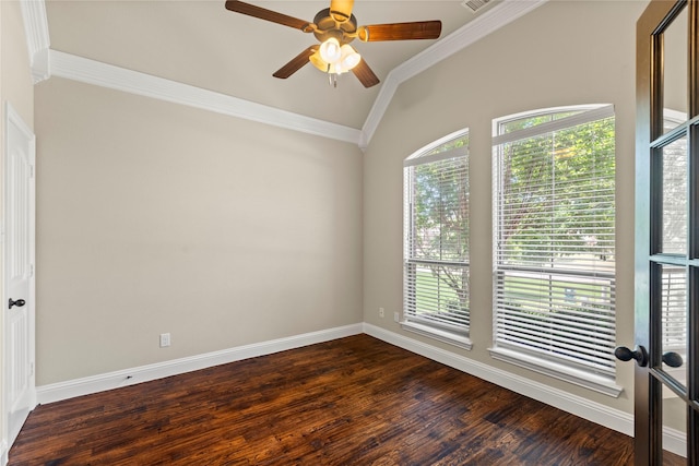 612 Buelwood Ct, Desoto, TX 75115 - spare room featuring lofted ceiling, ornamental molding, healthy amount of natural light, dark wood-style floors, and ceiling fan