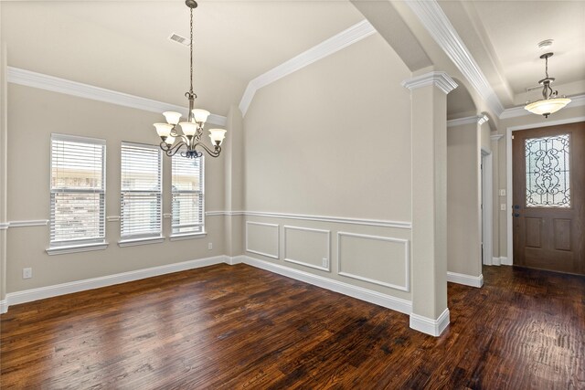 612 Buelwood Ct, Desoto, TX 75115 - unfurnished dining area featuring crown molding, a chandelier, dark wood finished floors, a decorative wall, and wainscoting