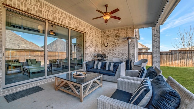 2500 Rosecroft Ct, Celina, TX 75009 - fenced backyard with an outdoor living space, a ceiling fan, and a patio
