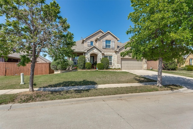 traditional-style home with a front lawn, driveway, stone siding, fence, and an attached garage