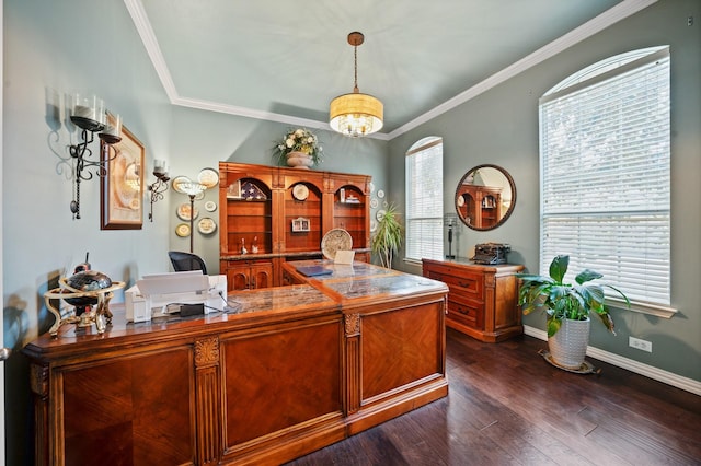 404 Creekside Dr, Murphy, TX 75094 - office space with crown molding, an inviting chandelier, baseboards, and dark wood finished floors