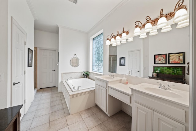 404 Creekside Dr, Murphy, TX 75094 - bathroom with crown molding, a bath, double vanity, and a sink
