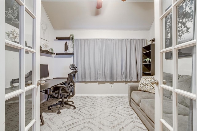 office area featuring french doors, baseboards, and ceiling fan