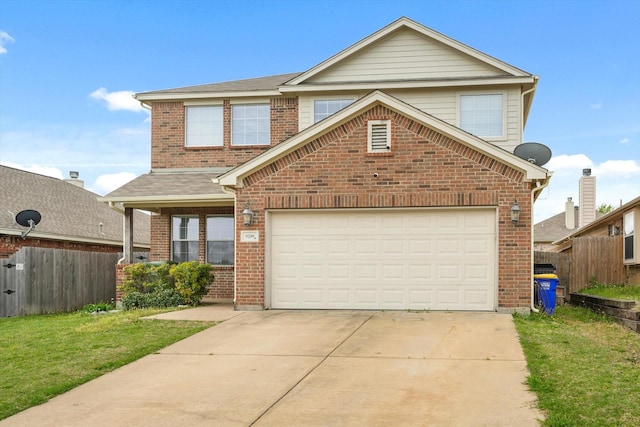 traditional-style home featuring brick siding, fence, driveway, and a front yard