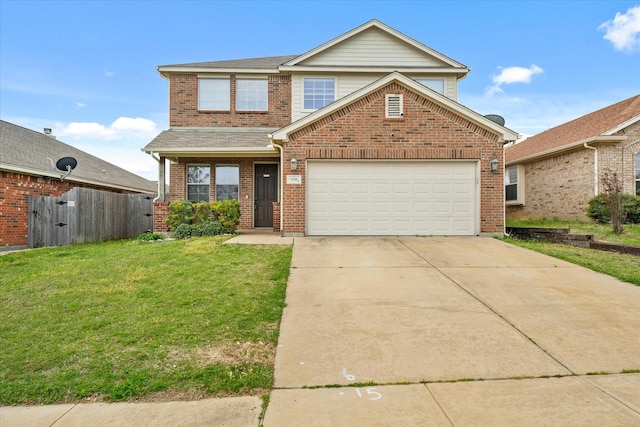 traditional-style house featuring brick siding, fence, a front yard, and concrete driveway
