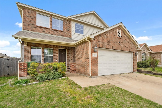traditional-style home with brick siding, fence, a front lawn, concrete driveway, and an attached garage
