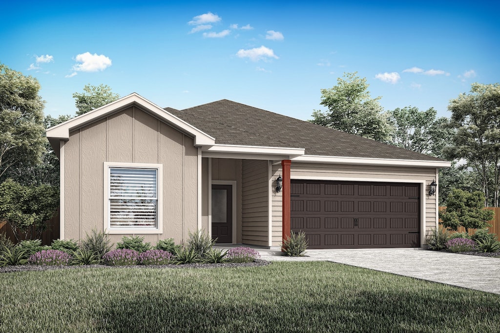 ranch-style house with driveway, a garage, a front lawn, and roof with shingles