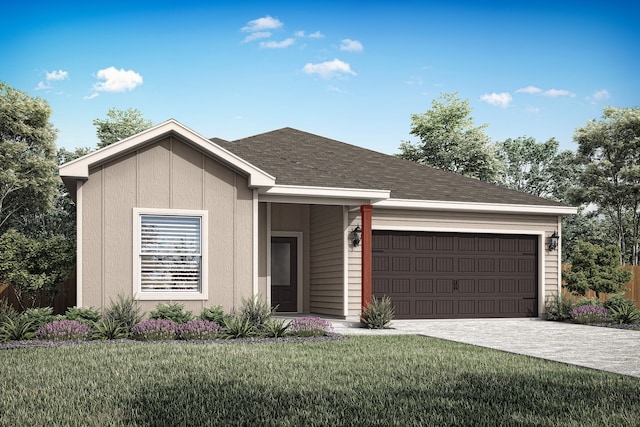 ranch-style house with driveway, a garage, a front lawn, and roof with shingles