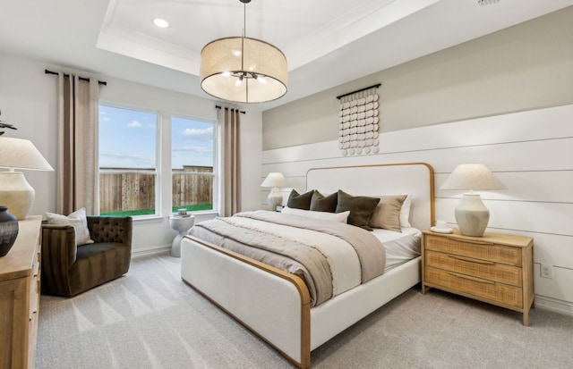 5921 Mayer Ave, Pilot Point, TX 75009 - bedroom featuring visible vents, baseboards, recessed lighting, a raised ceiling, and light colored carpet
