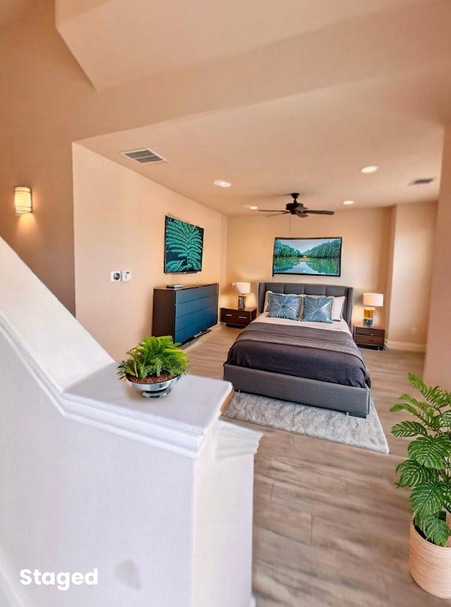 736 Skyline Bluff Ct, Fort Worth, TX 76102 - bedroom with light wood-type flooring, a ceiling fan, recessed lighting, and baseboards