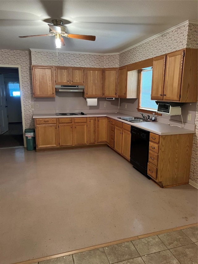 800 Humphrey St, Athens, TX 75751 - kitchen with wallpapered walls, under cabinet range hood, black dishwasher, light countertops, and electric cooktop