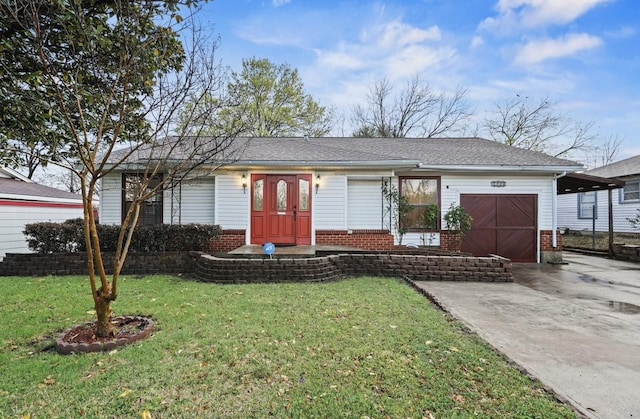 7220 Amy St, Dallas, TX 75217 - ranch-style house with brick siding, concrete driveway, a front lawn, and an attached garage