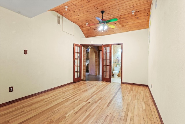 7220 Amy St, Dallas, TX 75217 - empty room with wood ceiling, french doors, a ceiling fan, lofted ceiling, and hardwood / wood-style floors