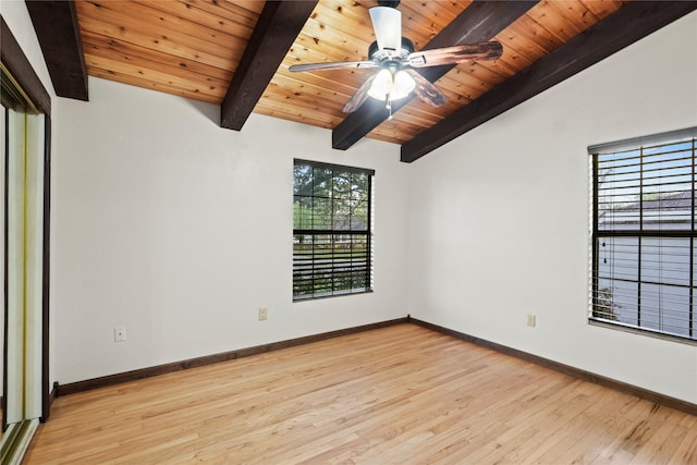 7220 Amy St, Dallas, TX 75217 - spare room with light wood-type flooring, baseboards, wood ceiling, a ceiling fan, and vaulted ceiling with beams