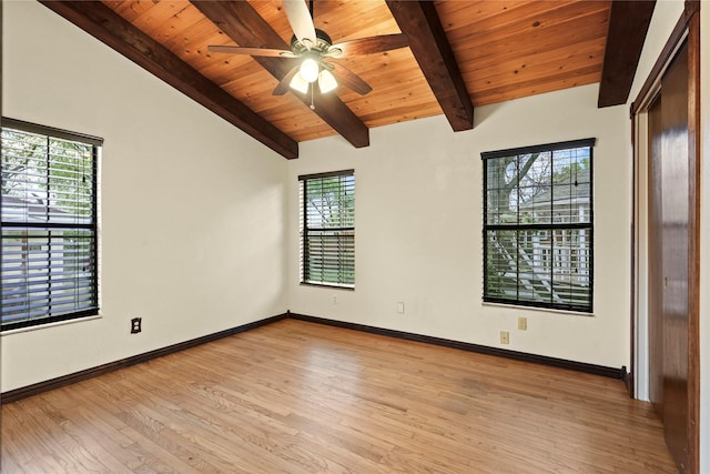 7220 Amy St, Dallas, TX 75217 - unfurnished room featuring baseboards, vaulted ceiling with beams, light wood-style flooring, and a ceiling fan