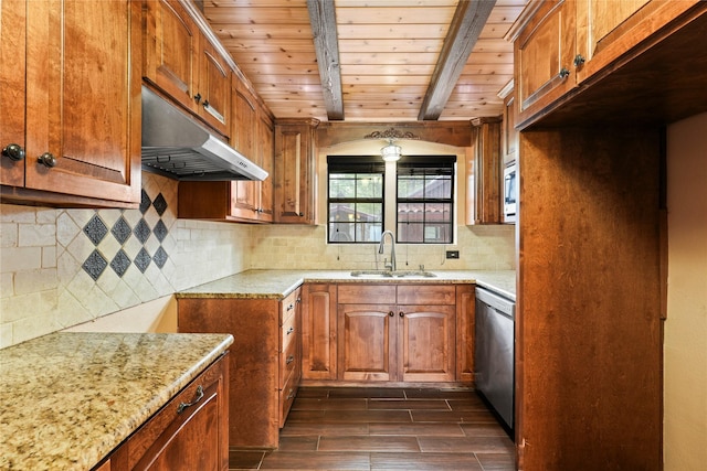 7220 Amy St, Dallas, TX 75217 - kitchen featuring wooden ceiling, a sink, stainless steel dishwasher, under cabinet range hood, and decorative backsplash