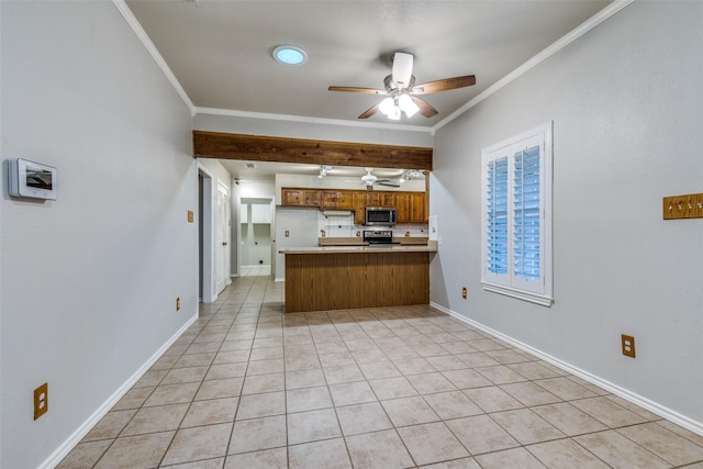 kitchen with ceiling fan, a peninsula, brown cabinets, crown molding, and stainless steel appliances