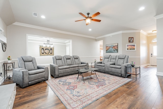 1609 W Alamosa Dr, Talty, TX 75160 - living area with dark wood-style floors, a ceiling fan, baseboards, crown molding, and recessed lighting