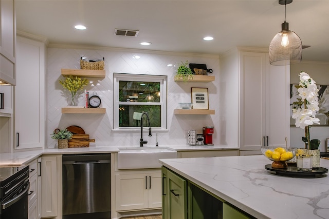 kitchen with stainless steel dishwasher, visible vents, a sink, and open shelves