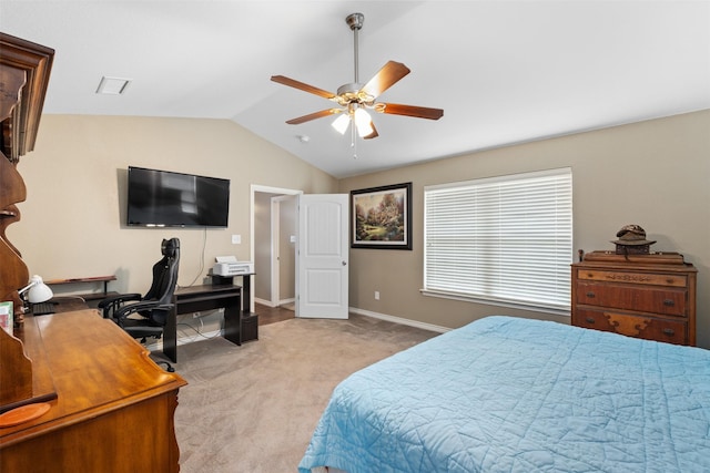 bedroom with baseboards, lofted ceiling, light colored carpet, and ceiling fan