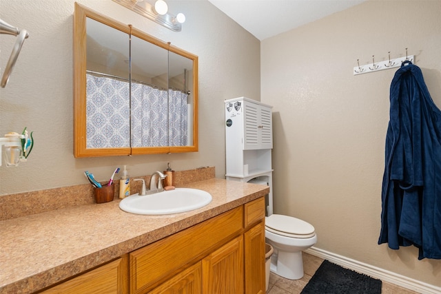 full bath featuring toilet, tile patterned floors, a shower with shower curtain, and vanity