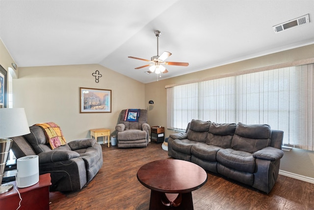 living room featuring vaulted ceiling, baseboards, visible vents, a ceiling fan, and wood finished floors