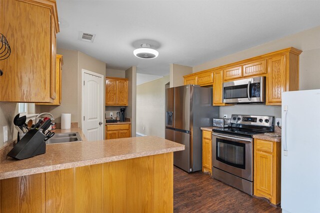 kitchen featuring visible vents, a peninsula, stainless steel appliances, dark wood finished floors, and a sink