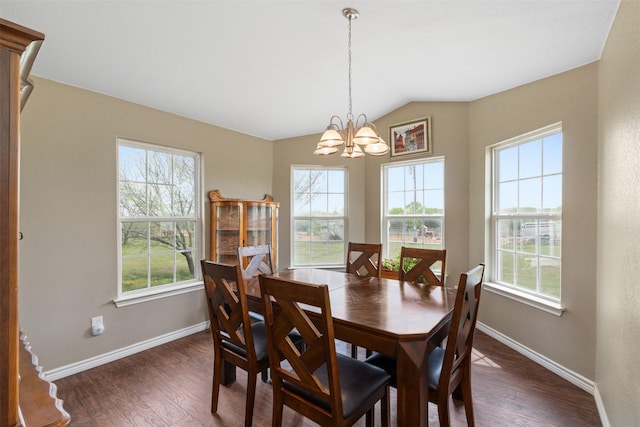 dining room with a notable chandelier, dark wood-type flooring, and a healthy amount of sunlight