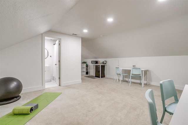 3113 Westfield Ave, Fort Worth, TX 76133 - carpeted office space featuring vaulted ceiling, a textured ceiling, baseboards, visible vents, and recessed lighting