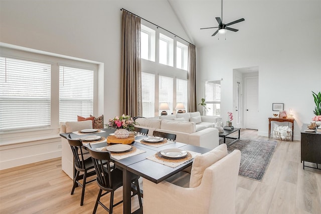 1512 Trailblazer Way, Northlake, TX 76247 - dining area with high vaulted ceiling, light wood-type flooring, a ceiling fan, and baseboards