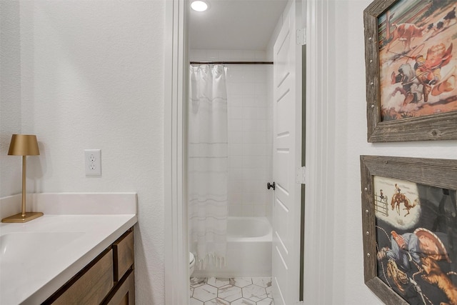 1512 Trailblazer Way, Northlake, TX 76247 - bathroom featuring toilet, vanity, shower / bathtub combination with curtain, and tile patterned floors