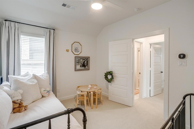 1512 Trailblazer Way, Northlake, TX 76247 - bedroom with light carpet, vaulted ceiling, ceiling fan, and baseboards
