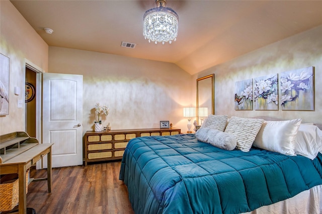 4036 Eagle Dr, Forney, TX 75126 - bedroom with visible vents, vaulted ceiling, wood finished floors, and an inviting chandelier