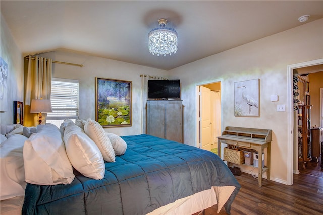 4036 Eagle Dr, Forney, TX 75126 - bedroom featuring a notable chandelier, baseboards, vaulted ceiling, and dark wood finished floors