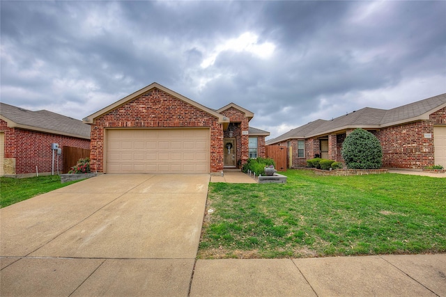 4036 Eagle Dr, Forney, TX 75126 - ranch-style house featuring fence, a garage, concrete driveway, a front yard, and brick siding