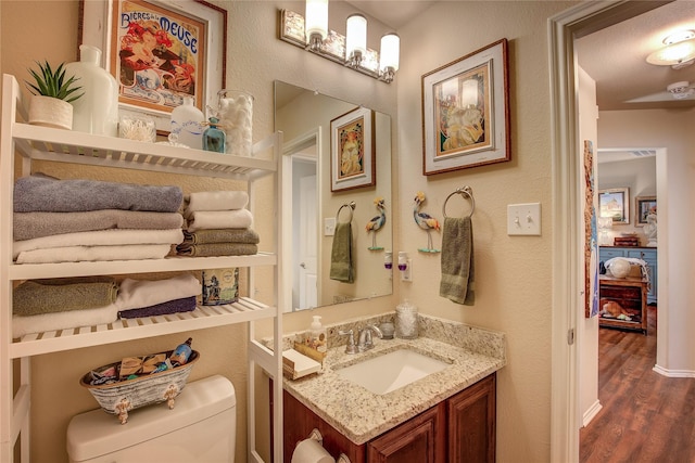 4036 Eagle Dr, Forney, TX 75126 - bathroom featuring toilet, vanity, a textured wall, and wood finished floors