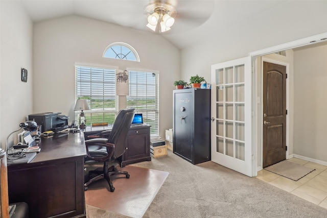 7203 Veal Station Rd, Weatherford, TX 76085 - office with vaulted ceiling, light carpet, light tile patterned floors, baseboards, and ceiling fan