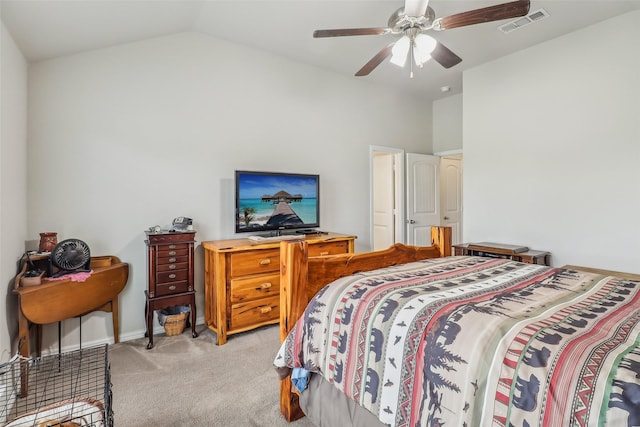 7203 Veal Station Rd, Weatherford, TX 76085 - bedroom featuring light carpet, lofted ceiling, ceiling fan, and visible vents